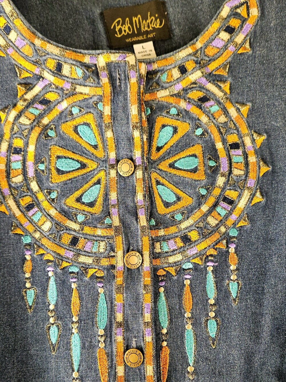 Bob Mackie Wearable Art L Denim Embroidered Southwest Tunic Jacket Dreamcatcher - Picture 3 of 11